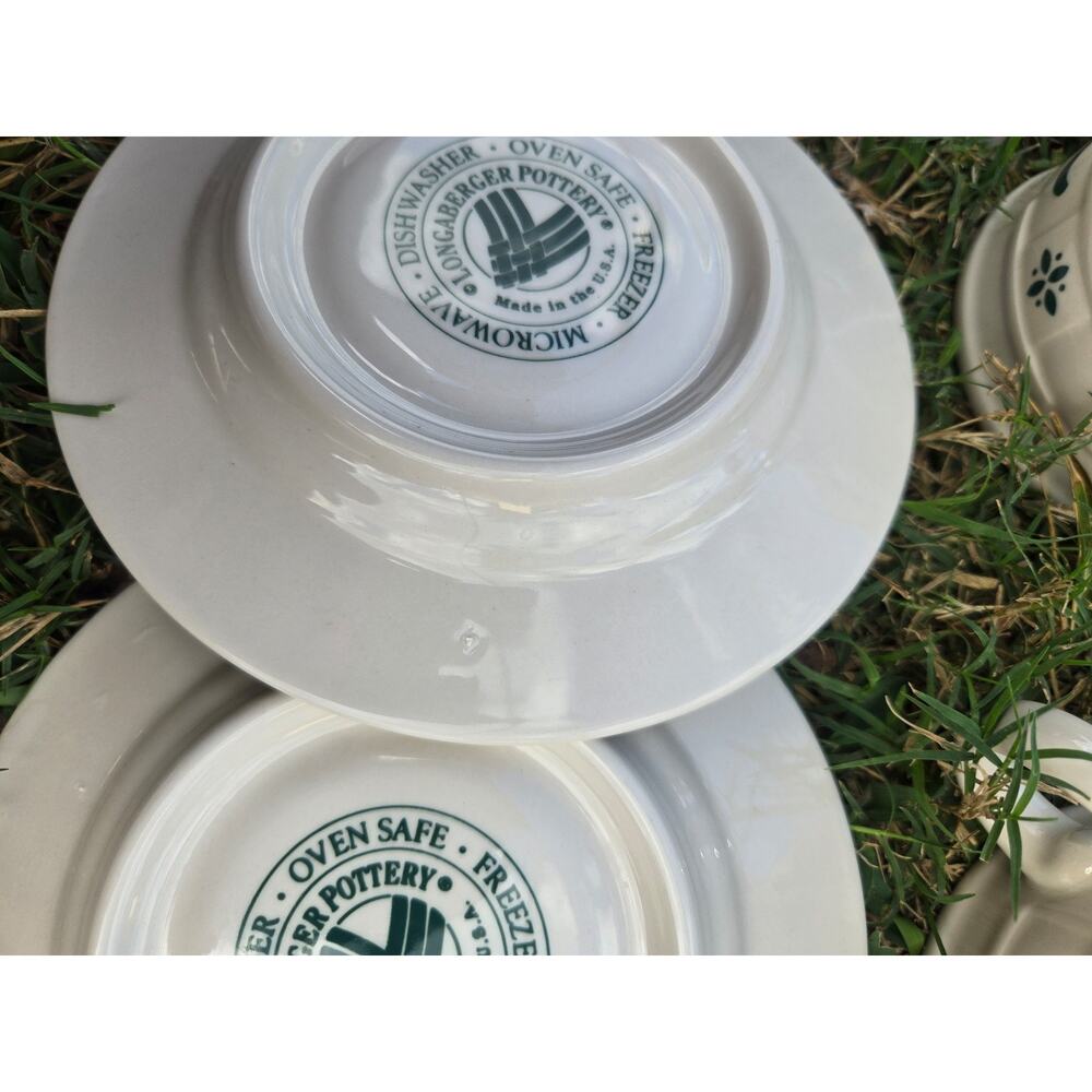 7 Piece Longaberger Pottery Green Woven Traditions Pitcher Cups Saucers - Picture 5 of 8